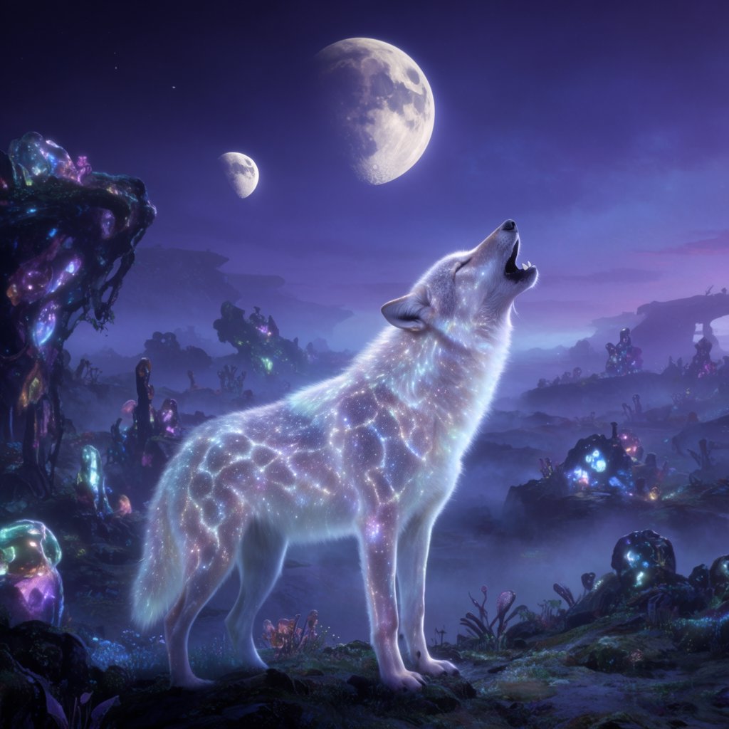 A solitary wolf, its fur subtly infused with shimmering, bio-luminescent patterns, howling at a sky filled with twin moons. The wolf stands on a cliff overlooking a vast, alien landscape dotted with strange, glowing rock formations and spectral, phosphorescent vegetation. — Krea 2 Large