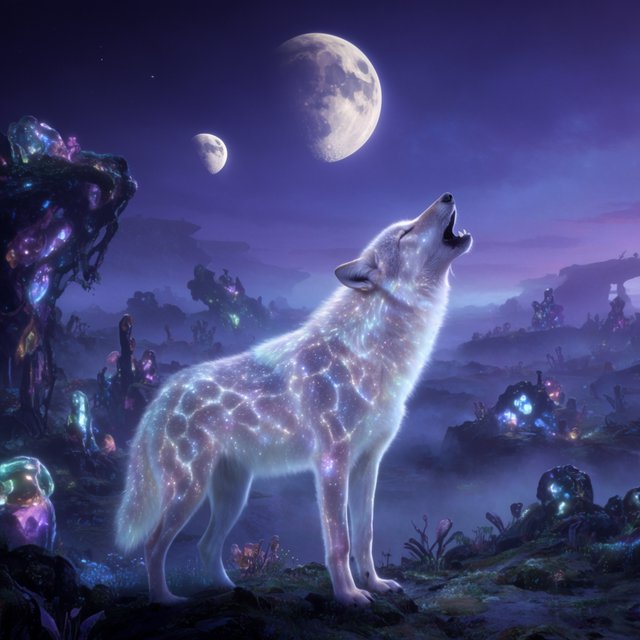 A solitary wolf, its fur subtly infused with shimmering, bio-luminescent patterns, howling at a sky filled with twin moons. The wolf stands on a cliff overlooking a vast, alien landscape dotted with strange, glowing rock formations and spectral, phosphorescent vegetation. — Krea 2 Large