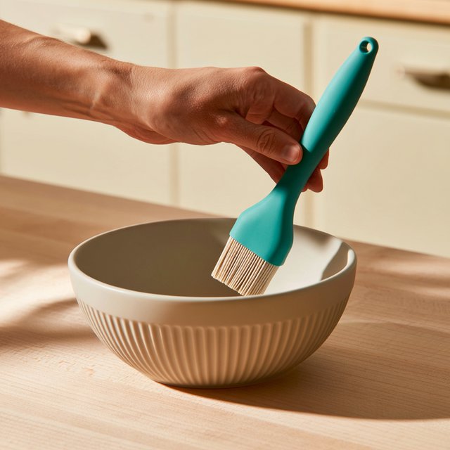 Across a honed maple counter, an adult hand guides an unbranded silicone pastry brush over a ceramic bowl; its ribbed teal handle catches diffused key light and warm bounce against a cream kitchen background, face cropped out, no lettering, commercial product image. — Midjourney V8.2
