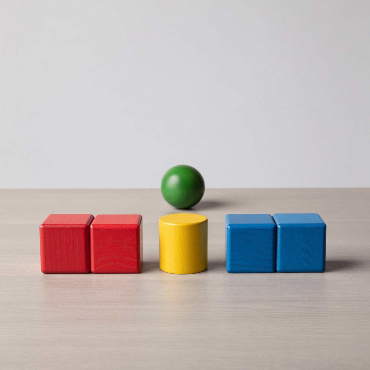 Exactly five wooden toy blocks sit on a pale gray table: two red cubes on the left, one yellow cylinder in the center, and two blue cubes on the right. A small green ball sits behind the cylinder, nothing else. — ImagineArt 2