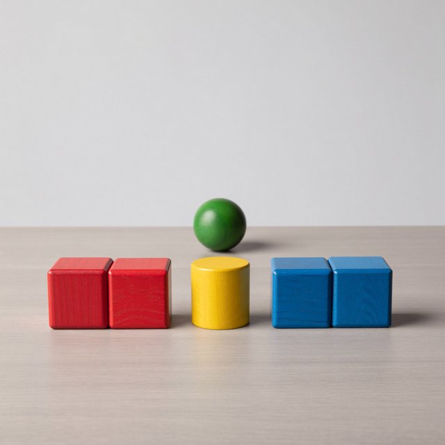 Exactly five wooden toy blocks sit on a pale gray table: two red cubes on the left, one yellow cylinder in the center, and two blue cubes on the right. A small green ball sits behind the cylinder, nothing else. — ImagineArt 2