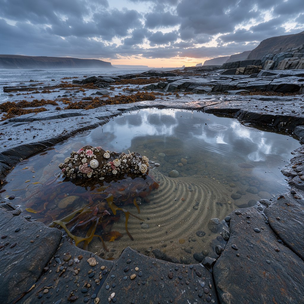 At dawn on a rugged basalt shore, a tide pool mirrors clearing rain clouds; translucent water reveals rippled sand, barnacle-crusted rock, and blurred kelp below the surface, with slick foreground stone leading toward hazy coastal cliffs. — FLUX 3 Image Klein