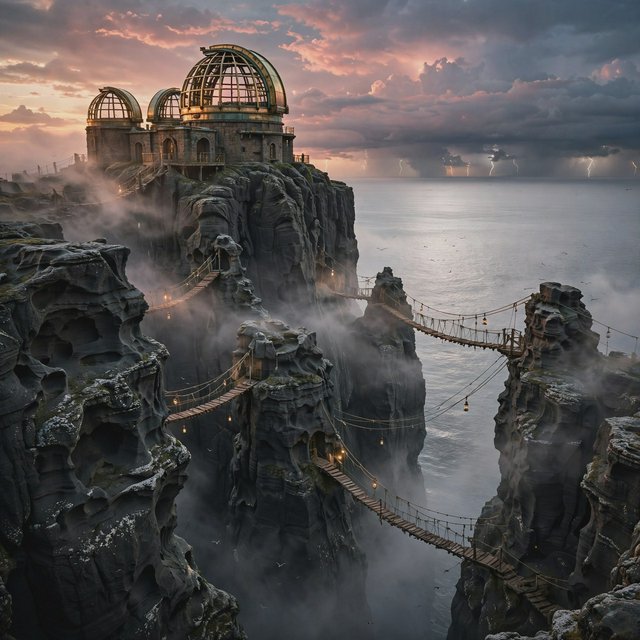 A wind-carved observatory crowns black cliffs above a silver inland sea, its open brass domes catching the last rose light. Salt mist drifts through suspended bridges as distant storms flicker beyond the horizon. — Muse Image 1.0