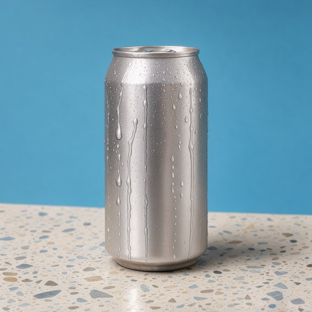 A slim, unbranded sparkling-water can of brushed aluminum, beaded with condensation, stands on a pale terrazzo surface against a seamless electric-blue background; broad overhead diffusion and a crisp side strip create clean highlights, with no lettering or graphics. — FLUX 3 Image Klein
