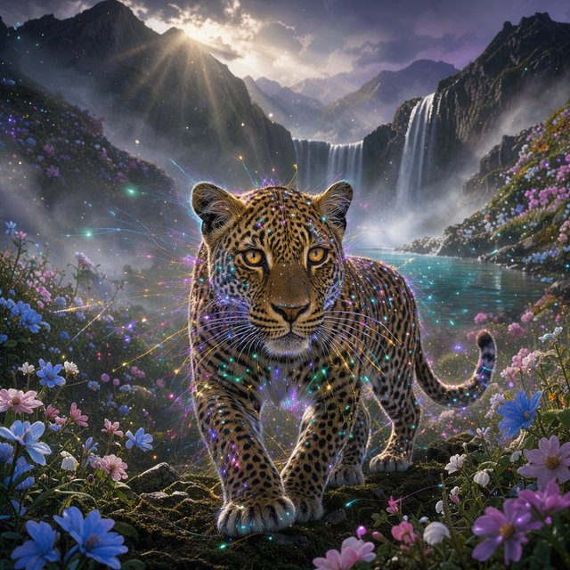 A majestic leopard, its fur detailed in intricate glowing fiber optics, emerges from a dreamlike, mist-shrouded floral mountain landscape with a waterfall in the background. The scene is bathed in ethereal light, evoking a sense of awe and wonder. — FLUX 3 Image Klein