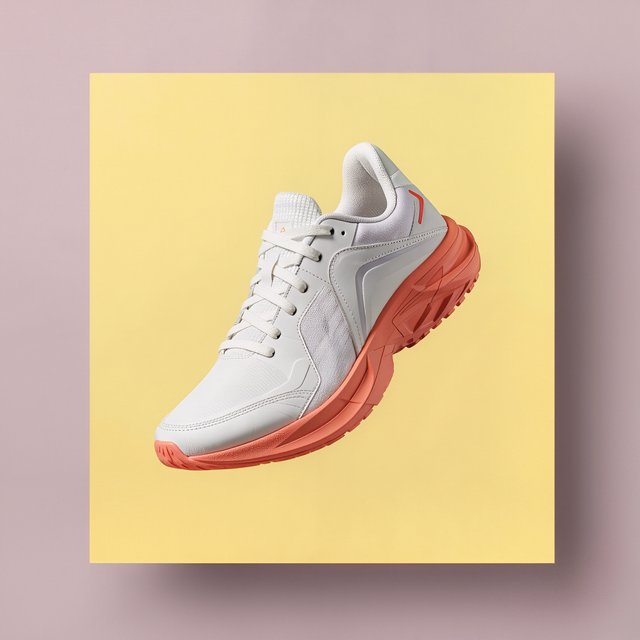 A white running sneaker with a coral sole floating at a slight angle over a pastel yellow background, studio lighting, no shadow on the backdrop. — Kling v3