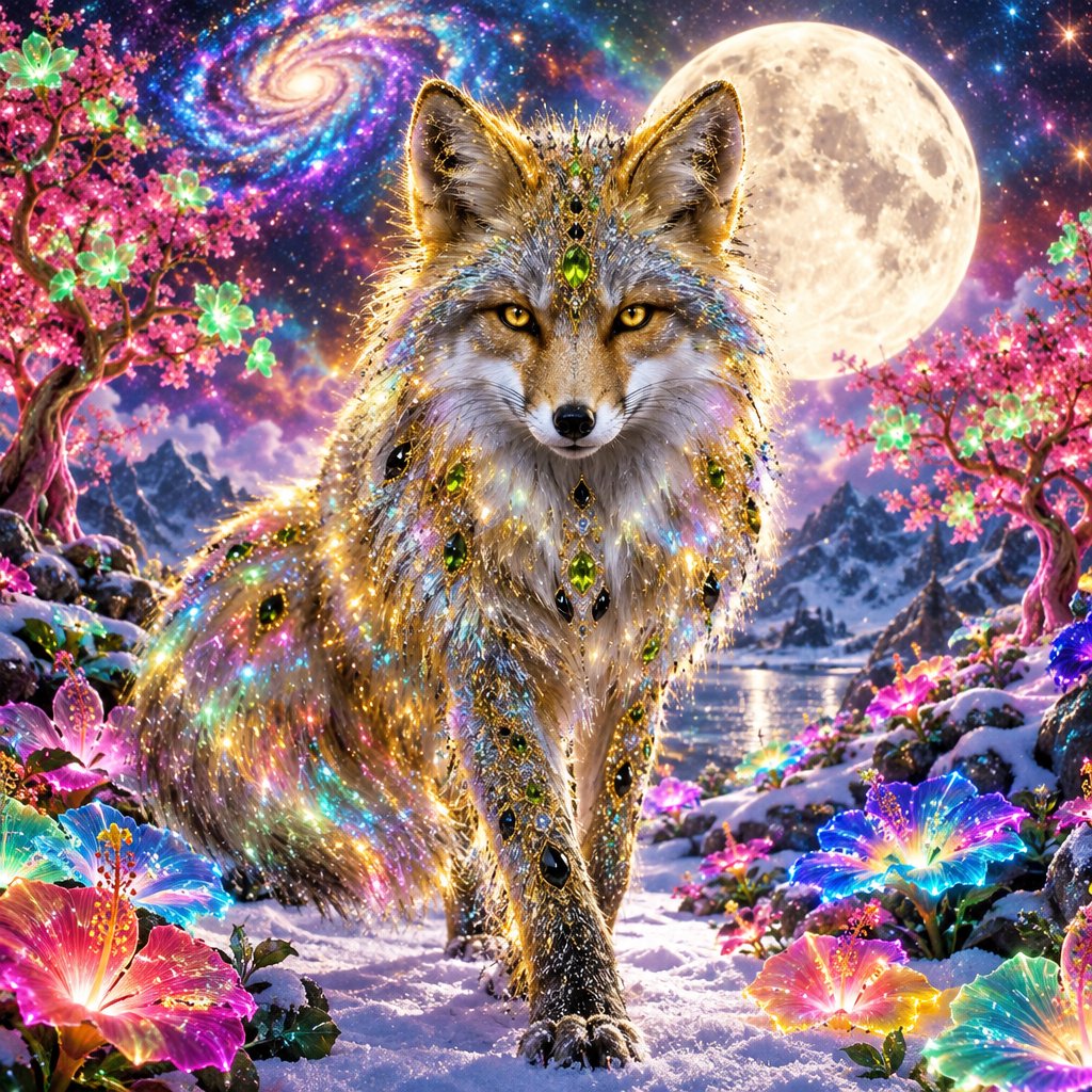A fantasy still photography image of a majestic silver and gold fox, its fur coat features a breathtaking fiber-optic rainbow-glitter that shimmers with dense prismatic sparkles shifting vibrantly under the ethereal moonlight, the fox features deep silver undertones across its thick coat and is perched proudly in a front-facing posture, its fur is intricately adorned with embedded polished peridot and shimmering onyx that catch the glowing light, it is walking in an enchanted snow filled landscape filled with multicolored bioluminescent hibiscus flowers blooming in radiant neon shades and blooming pink bioluminescent trees with glowing green blossoms, the background features a dramatic full moon and a vibrant multicolored starry sky filled with multicolored swirling galaxy, a soft ethereal glow illuminates the fox's commanding silhouette, razor-sharp focus on its piercing golden eyes, magical realism style, fantasy art. — GPT Image 2.5 Flare