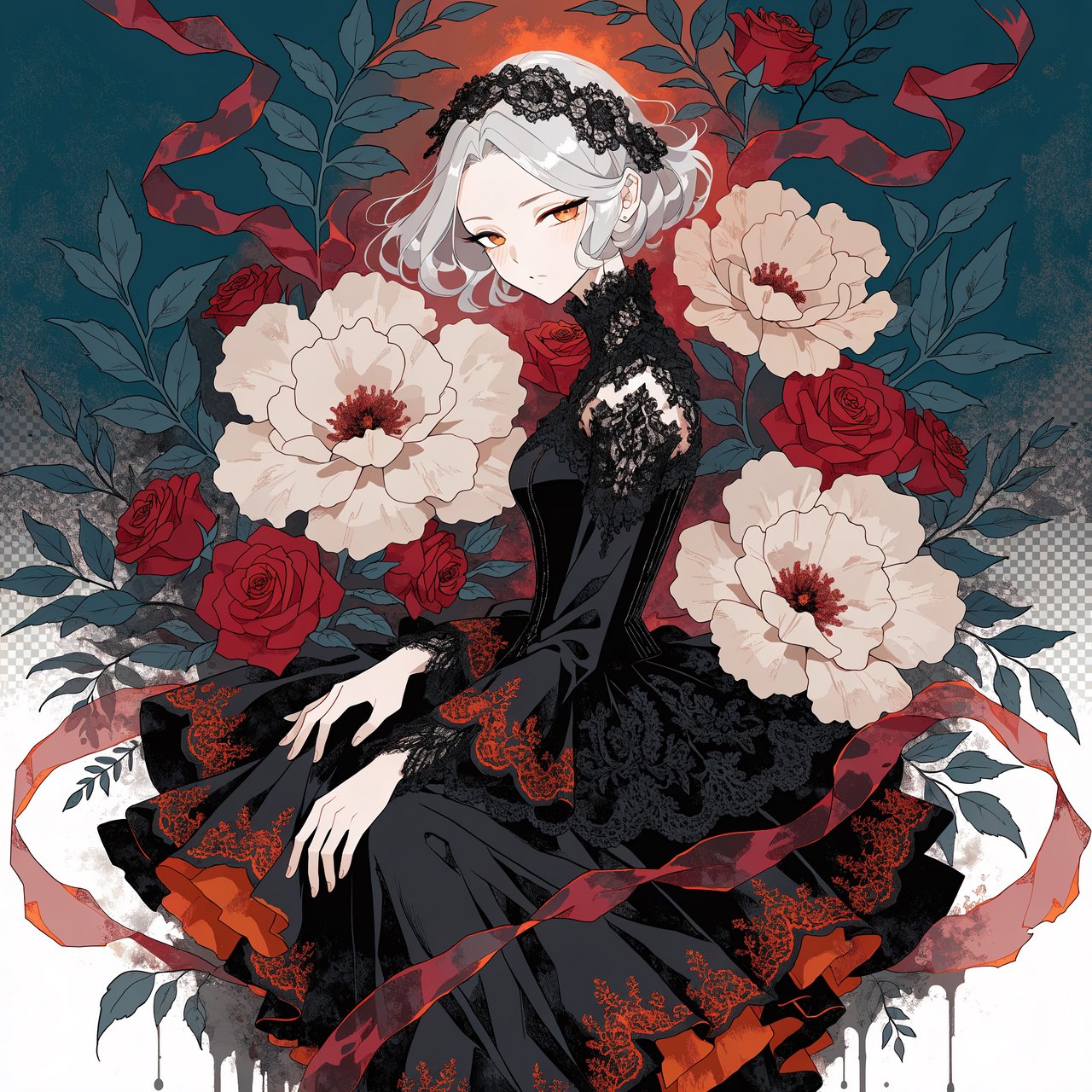 An elegant gothic woman sits sideways among oversized ivory blossoms, crimson roses, and dark teal foliage, turning toward the viewer with half-lidded amber eyes. She has a softly waved silver-white bob and a fitted black gown with lace, embroidered sleeves, and a sculpted corset. Deep-teal skirt folds reveal crimson lining and burnt-orange embroidery. Crimson ribbons with orange edging weave through the flowers, leaving breathing room around her pale face and hands. A deep-teal background fades into charcoal, with muted burnt-orange light behind her head, faint crimson haze below, and botanical shadows. Fine ordered dithering, delicate checkerboard patterns, and clustered pigment grains soften background transitions only; the woman and flowers remain smoothly painted. Crimson, deep teal, glowing orange, lacquer black, and warm ivory palette. Soft frontal fill, luminous hair, readable black fabric, subtle orange rim light, refined gothic anime, precise linework, dramatic floral framing — Recraft v4 Pro