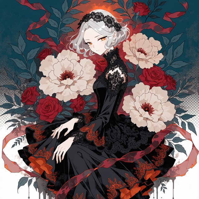An elegant gothic woman sits sideways among oversized ivory blossoms, crimson roses, and dark teal foliage, turning toward the viewer with half-lidded amber eyes. She has a softly waved silver-white bob and a fitted black gown with lace, embroidered sleeves, and a sculpted corset. Deep-teal skirt folds reveal crimson lining and burnt-orange embroidery. Crimson ribbons with orange edging weave through the flowers, leaving breathing room around her pale face and hands. A deep-teal background fades into charcoal, with muted burnt-orange light behind her head, faint crimson haze below, and botanical shadows. Fine ordered dithering, delicate checkerboard patterns, and clustered pigment grains soften background transitions only; the woman and flowers remain smoothly painted. Crimson, deep teal, glowing orange, lacquer black, and warm ivory palette. Soft frontal fill, luminous hair, readable black fabric, subtle orange rim light, refined gothic anime, precise linework, dramatic floral framing — Recraft v4 Pro