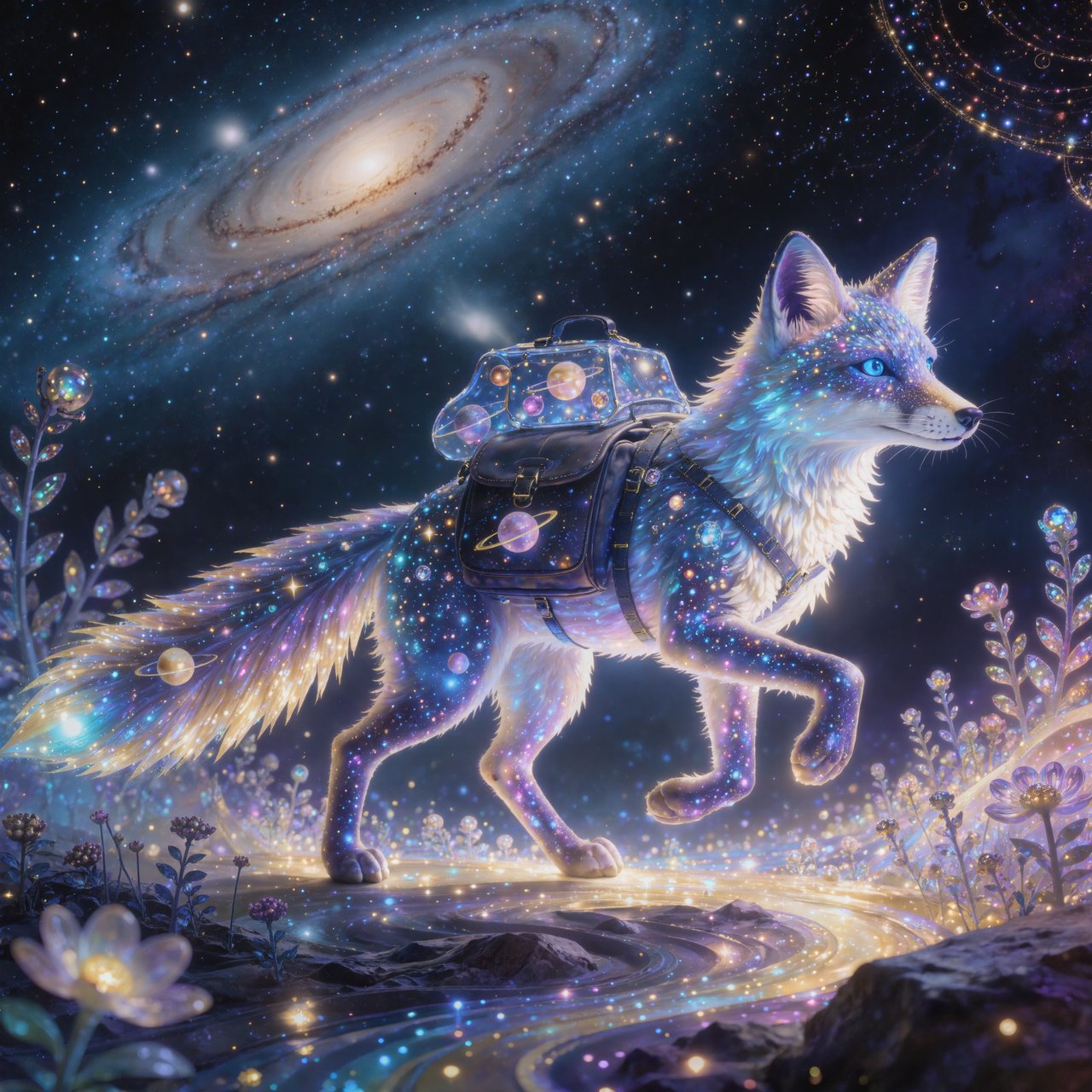 A celestial fox made of stardust and nebulae, carrying a satchel overflowing with glowing cosmic jewels, journeys through an ethereal dreamscape. Swirling galaxies and bioluminescent flora fill the background. The scene is rendered in a surreal, photorealistic style, emphasizing intricate details and a sense of infinite wonder. — Kling v3 Omni