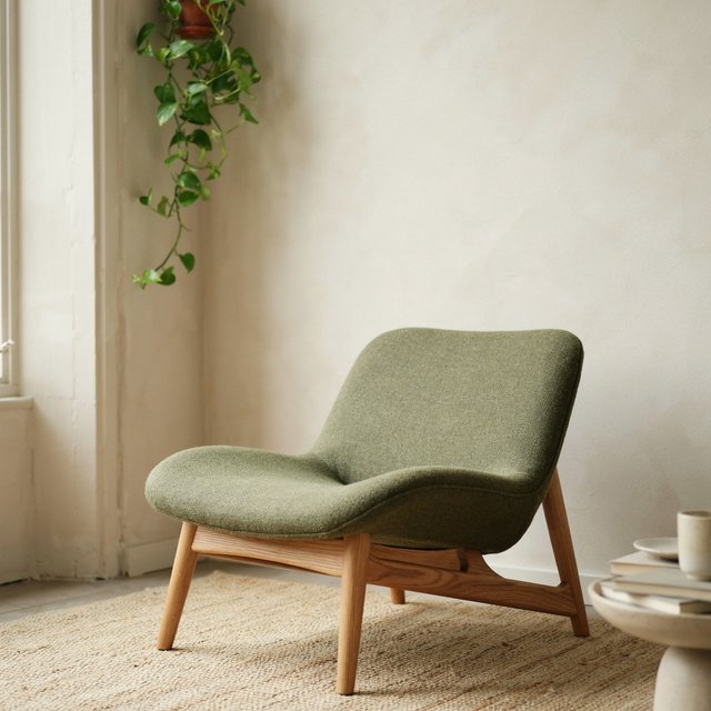 In a quiet reading-room corner, an unbranded lounge chair pairs a curved ash frame with nubby moss-green wool upholstery, set on a pale jute rug before a warm plaster wall; broad window diffusion and soft bounce shape this commercial product image, with no lettering. — Ideogram v4