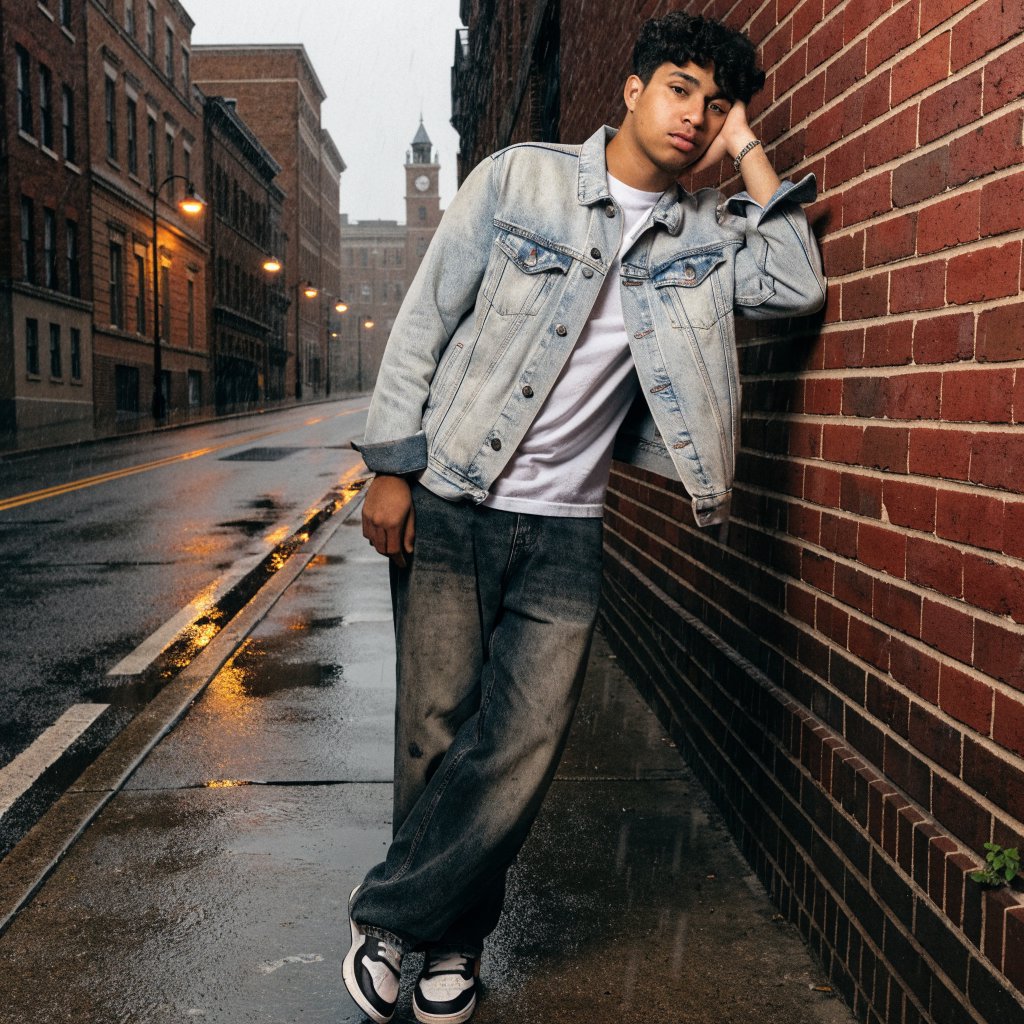 Environmental portrait of a young man in a denim jacket leaning on a red brick wall, overcast light, looking just past the camera. — Recraft v4