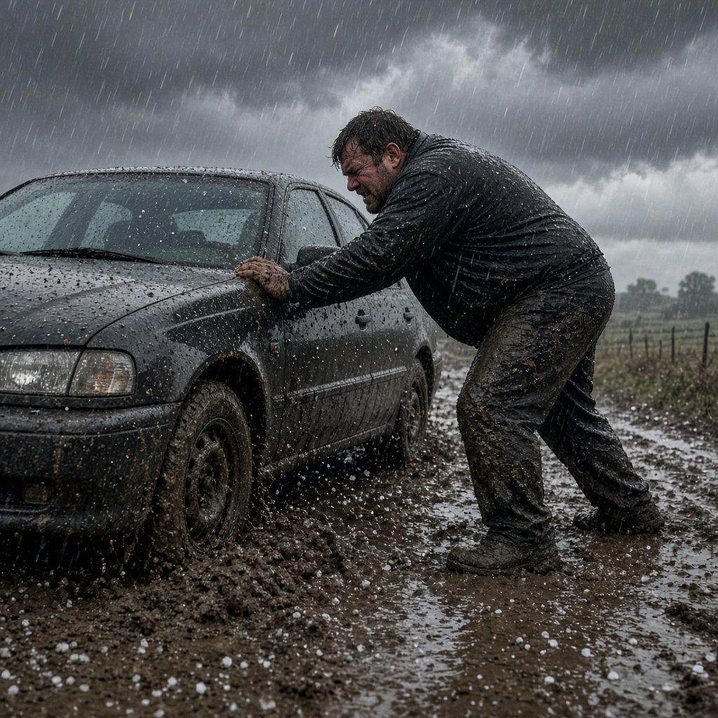 A man is pushing his car, which is stuck in the mud, amid heavy rain in the countryside. The sky is gloomy, and some hail is also falling on the car and the ground. The big man has mud all over his trousers. Show him struggling. — Grok Imagine Image 2