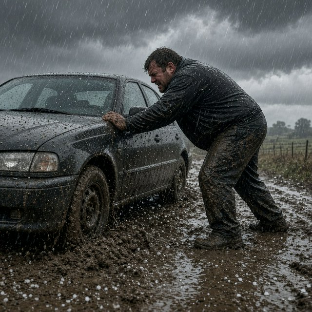 A man is pushing his car, which is stuck in the mud, amid heavy rain in the countryside. The sky is gloomy, and some hail is also falling on the car and the ground. The big man has mud all over his trousers. Show him struggling. — Grok Imagine Image 2