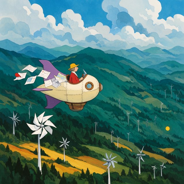 Ink-and-gouache illustration of an adult cartographer steering a small airship above a cloud-filled mountain valley, maps fluttering from the cabin and wind turbines turning below. Palette of emerald, ochre, plum, and cream, with lively linework and atmospheric washes. — Krea 2 Large
