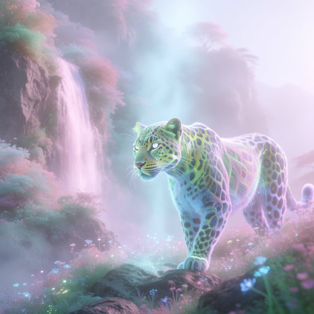 A majestic leopard, its fur detailed in intricate glowing fiber optics, emerges from a dreamlike, mist-shrouded floral mountain landscape with a waterfall in the background. The scene is bathed in ethereal light, evoking a sense of awe and wonder. — Krea 2 Medium