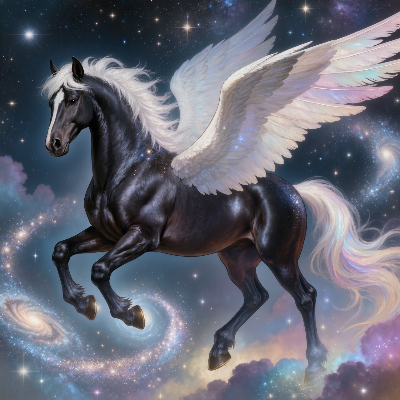 A majestic winged horse, with iridescent feathers and a coat like polished obsidian, is soaring through a celestial realm filled with nebulae and shimmering stardust. Around its hooves, tiny galaxies spiral outwards. The style is reminiscent of intricate fantasy illustration, with glowing, ethereal colors and a sense of deep cosmic wonder — Kling v3 Omni