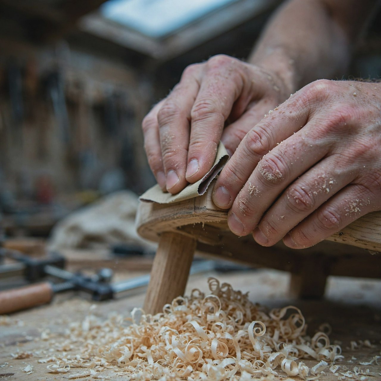 Fine curls gather beneath adult hands sanding the edge of a wooden chair in a quiet repair shed. A real-world workshop snapshot in cool skylight, using a normal lens at shallow depth of field, catches pale sawdust clinging to the knuckles. — Muse Image 1.0