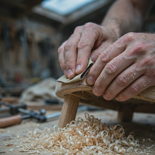 Fine curls gather beneath adult hands sanding the edge of a wooden chair in a quiet repair shed. A real-world workshop snapshot in cool skylight, using a normal lens at shallow depth of field, catches pale sawdust clinging to the knuckles. — Muse Image 1.0