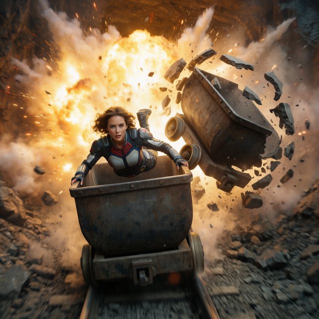 Collapsing mine, woman in a futuristic outfit, in a runaway mine cart. The cart is moving towards the foreground. Behind her cart, there was a huge explosion in the mine. The impact of the explosion is so great that it has knocked the cart off the tracks and sent the rider flying. Angle the empty cart, which is in the process of shattering, close to the woman. Focus the image on the female rider who has flown off the cart. Ensure her features are photorealistic. Make the scene photorealistic, explosive, and exciting as if it is from an action-packed movie. — Krea 2 Large