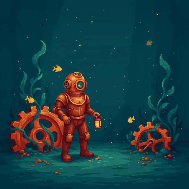A brass-suited adult diver explores a submerged clockwork garden, where kelp curls around sunken gears and tiny fish glow in the dark; pixel art illustration, palette of teal, copper, midnight blue, and lemon yellow. — Ideogram v4.5