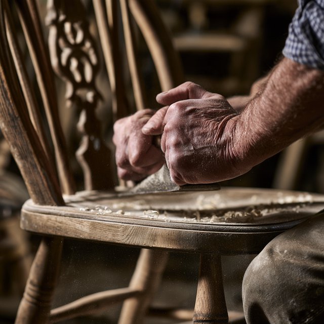 Fine curls gather beneath adult hands sanding the edge of a wooden chair in a quiet repair shed. A real-world workshop snapshot in cool skylight, using a normal lens at shallow depth of field, catches pale sawdust clinging to the knuckles. — Midjourney V8.2