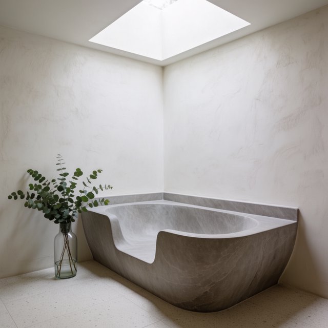 A spa bathroom with a stone tub, a skylight, plaster walls in warm white, eucalyptus in a vase, soft shadows. — Krea 2 Medium