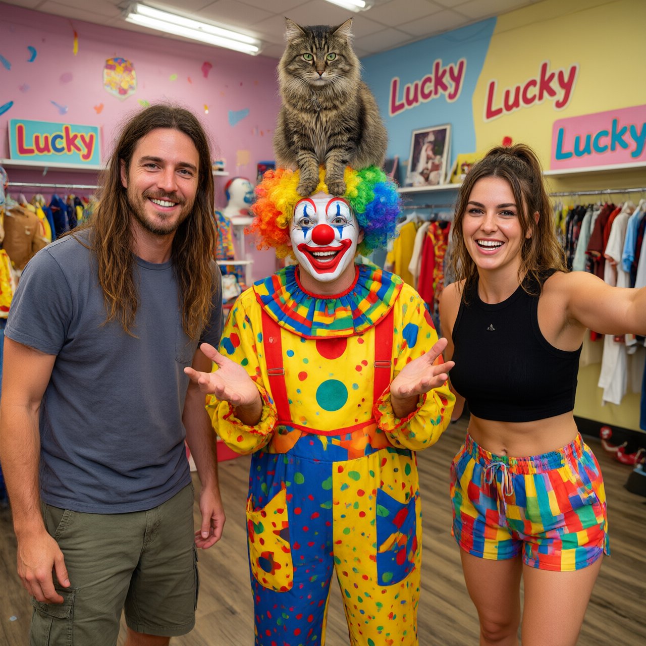 Realistic. Four to five adults having a very lucky day. One of the people is a clown with a very strange cat on their head. Another is wearing a black crop top and multicolored shorts. The word “Lucky” is seen at least twice in the background. — Qwen Image 3.0