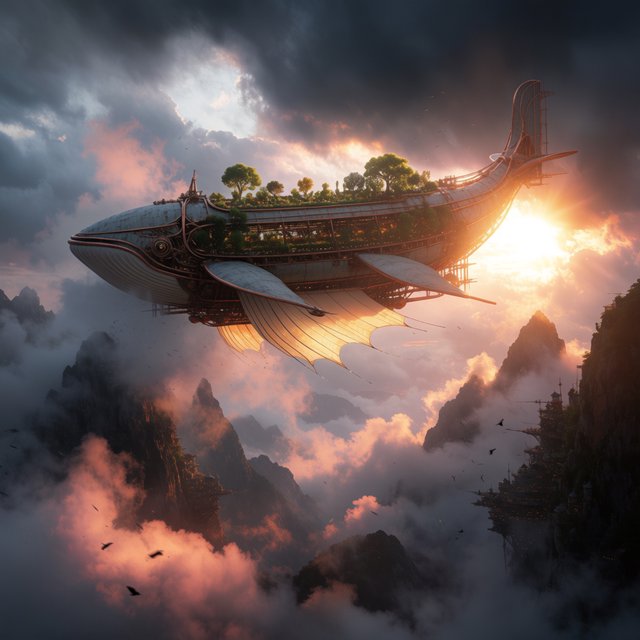 A vast, whale-shaped sky barge sails between mountain spires, its copper ribs supporting gardens and glowing sailcloth. Below, cloud rivers curl around tiny cliff villages as sunset pours through storm breaks, outlining the vessel in molten gold. — Krea 2 Medium