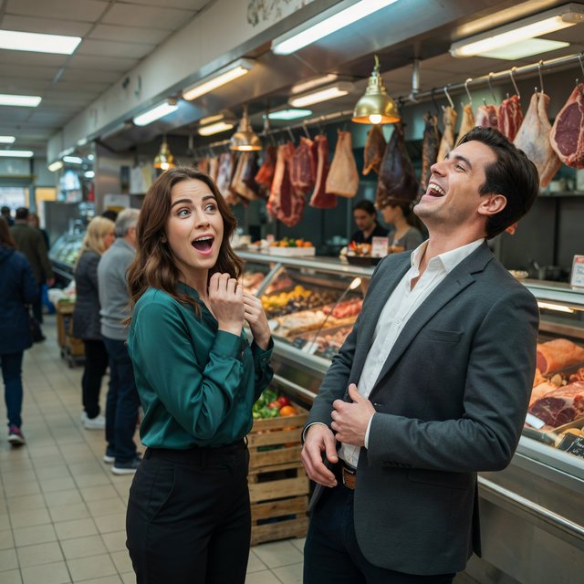 Glamorous adult couple browsing an exotic meat market. The woman has a look of pure surprise at what is on sale. The man just laughs at her reaction! The market is busy and well lit. — Ideogram v4.5