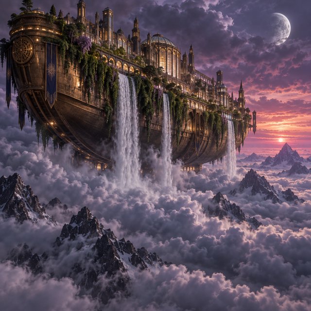 A colossal floating archive-ship drifts above storm clouds, its bronze hull wrapped in hanging gardens and luminous windows, while waterfalls spill into the sky. Distant mountain peaks pierce the cloud sea beneath a violet sunset and cold silver moonlight. — GPT Image 2.5 Sunburst
