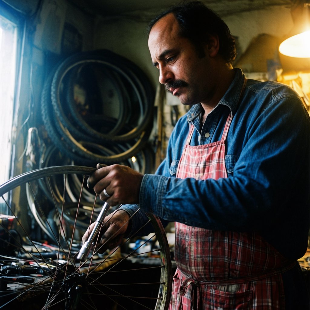 Candid documentary photograph of an adult bicycle mechanic tightening a wheel in a modest repair shop, cool window light mixing with a warm work lamp, 35mm lens with moderate depth of field, fine metal filings caught on the workbench. — Krea 2 Large