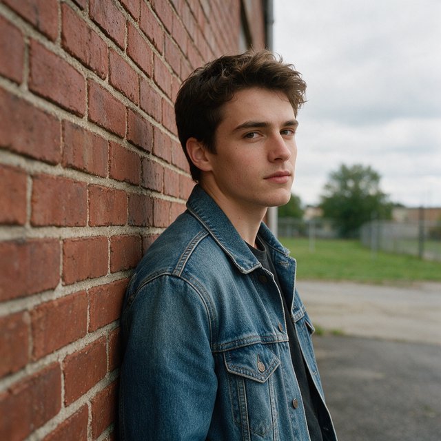 Environmental portrait of a young man in a denim jacket leaning on a red brick wall, overcast light, looking just past the camera. — Seedream 5.0 Pro