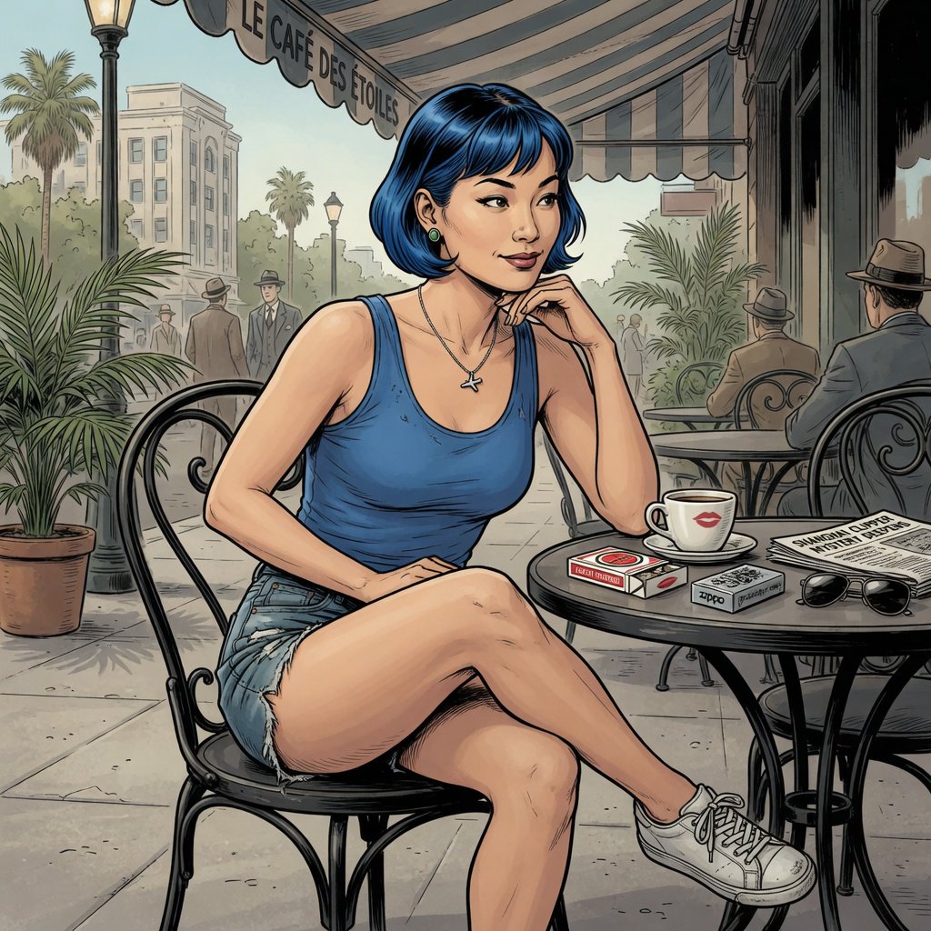 Classic American adventure-comic art with a strong 1930s–1950s pulp and Hollywood glamour influence. Exceptionally polished pen-and-ink draftsmanship, elegant controlled outlines, varied line weight, precise feathering, restrained crosshatching, and carefully placed solid blacks. Realistic but gracefully idealized anatomy, believable weight and balance, expressive naturalistic faces, and subtle character acting. Attractive characters with vintage glamour, sculpted features, and meticulously rendered hair. Strong three-dimensional form, convincing fabric folds, polished metal, leather, and other materials rendered with clarity and care. Romantic retro adventure atmosphere, richly detailed without clutter. Traditional hand-inked comic look, restrained flat colors. Avoid modern superhero exaggeration, extreme musculature, heavy digital rendering, and photorealism. A beautiful Asian woman sits at a cafe table, legs crossed. Blue tank top, torn shorts, sneakers, short bob hair dyed blue. — Grok Imagine Image Quality