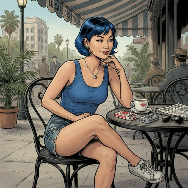 Classic American adventure-comic art with a strong 1930s–1950s pulp and Hollywood glamour influence. Exceptionally polished pen-and-ink draftsmanship, elegant controlled outlines, varied line weight, precise feathering, restrained crosshatching, and carefully placed solid blacks. Realistic but gracefully idealized anatomy, believable weight and balance, expressive naturalistic faces, and subtle character acting. Attractive characters with vintage glamour, sculpted features, and meticulously rendered hair. Strong three-dimensional form, convincing fabric folds, polished metal, leather, and other materials rendered with clarity and care. Romantic retro adventure atmosphere, richly detailed without clutter. Traditional hand-inked comic look, restrained flat colors. Avoid modern superhero exaggeration, extreme musculature, heavy digital rendering, and photorealism. A beautiful Asian woman sits at a cafe table, legs crossed. Blue tank top, torn shorts, sneakers, short bob hair dyed blue. — Model 6