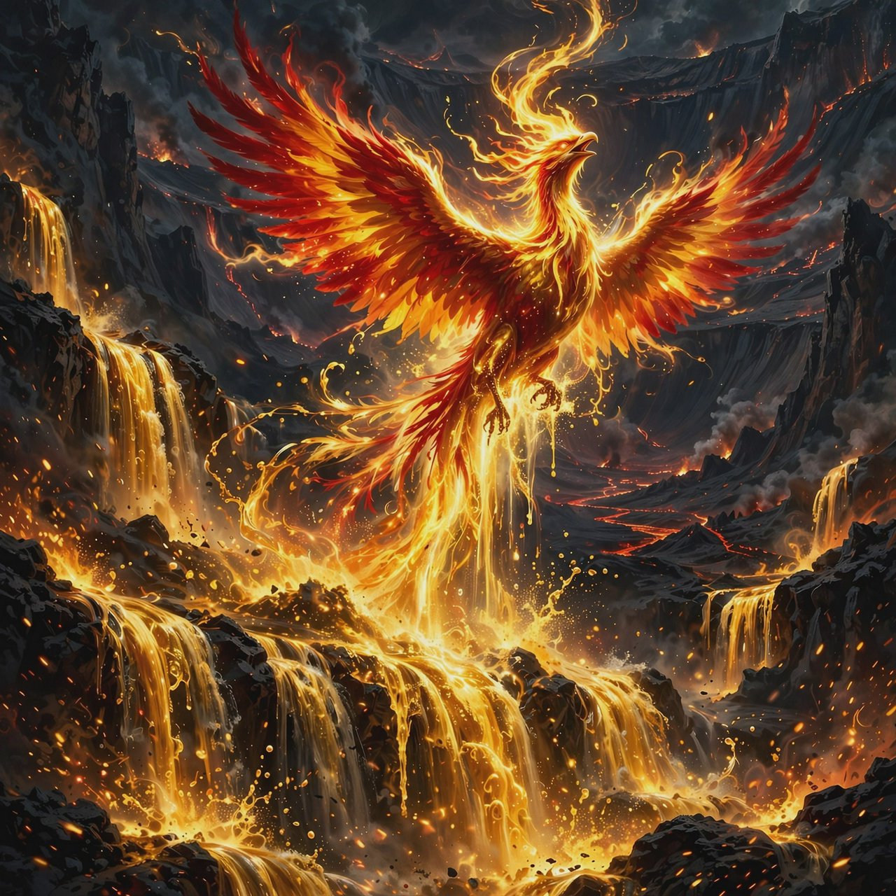 A majestic phoenix rising from a cascade of molten gold and shimmering embers against a backdrop of a dark, volcanic caldera. Its feathers are ablaze with brilliant oranges, reds, and fiery yellows. The air around it crackles with heat and energy. Style: Epic fantasy art with dynamic composition and vibrant color contrast — Muse Image 1.0