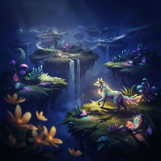 An ethereal fox with crystalline fur navigates a landscape of floating islands. Waterfalls cascade into the starry abyss below, and strange, alien flora sprouts from glowing rocks. This is a magical realism painting, infused with the wonder of distant galaxies. — Ideogram v4