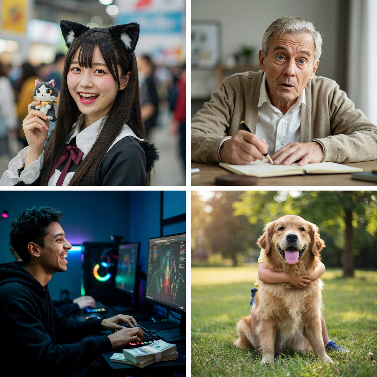 Realistic. Four scenes in one. 1) A pretty Japanese woman, about 19–23 years old, in cat-type cosplay at an anime convention. 2) An old German man or woman, about 60–65 years old, finally having a breakthrough that would change the world. 3) A happy, mixed-race, 21-year-old female or male hacker checking their bank account, which has many zeros, with a bundle of cash near their PC. 4) A happy moment that would make you smile. — Ideogram v4.5
