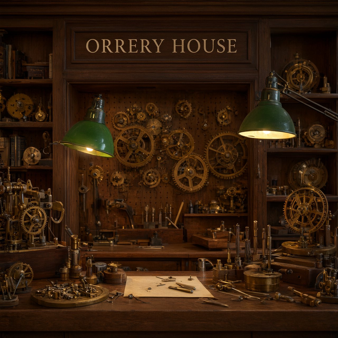 Inside a quiet clockmaker’s workshop, brass gears and tiny tools gleam beneath green-shaded lamps; "ORRERY HOUSE" is engraved in crisp serif letters on a dark walnut sign above the repair counter. — Qwen Image 3.0 Pro