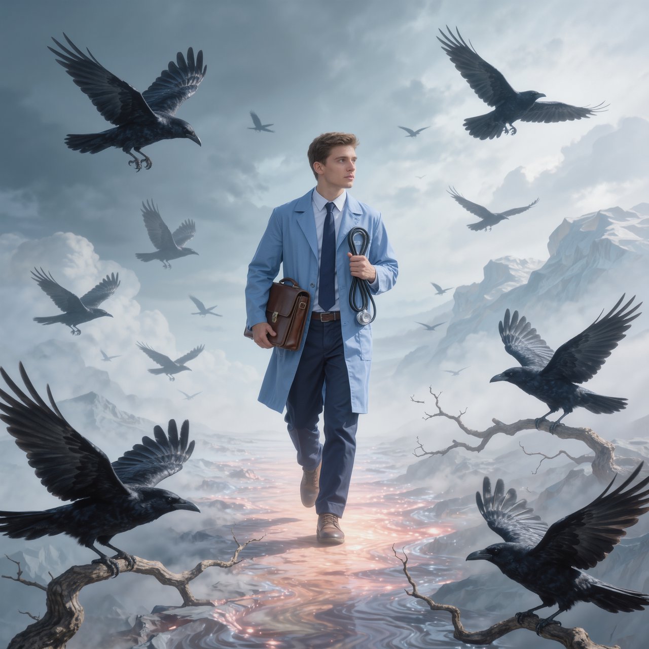 Walking in a dream, with ravens scribbled along the edges, a doctor on a house call — Kling v3 Omni
