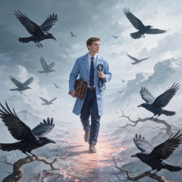 Walking in a dream, with ravens scribbled along the edges, a doctor on a house call — Kling v3 Omni