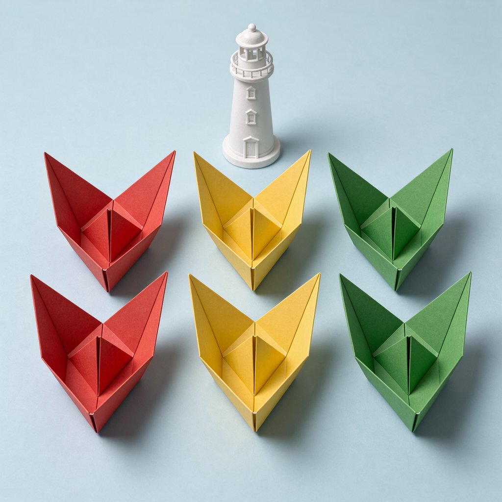 Exactly six folded paper boats sit on a pale blue tabletop: two red boats on the left, two yellow boats in the center, and two green boats on the right. A small white lighthouse figurine stands behind the center pair, nothing else. — FLUX 3 Image