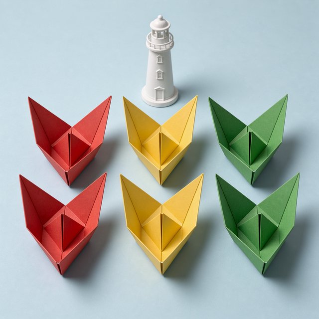 Exactly six folded paper boats sit on a pale blue tabletop: two red boats on the left, two yellow boats in the center, and two green boats on the right. A small white lighthouse figurine stands behind the center pair, nothing else. — FLUX 3 Image
