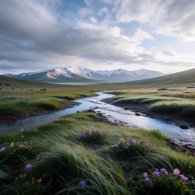 A windswept alpine meadow beneath heavy morning clouds, fresh rain darkening the grasses, a braided stream winding toward distant snowcapped peaks, tiny wildflowers and wet stones sharpening the foreground texture and layered depth. — Krea 2 Medium