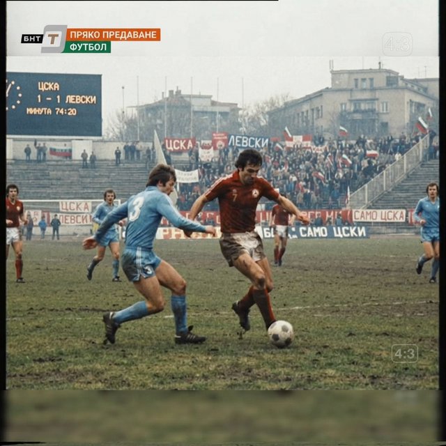A stillshot from a Bulgarian football game, broadcast in the 1980s. — Nano Banana 2 Lite