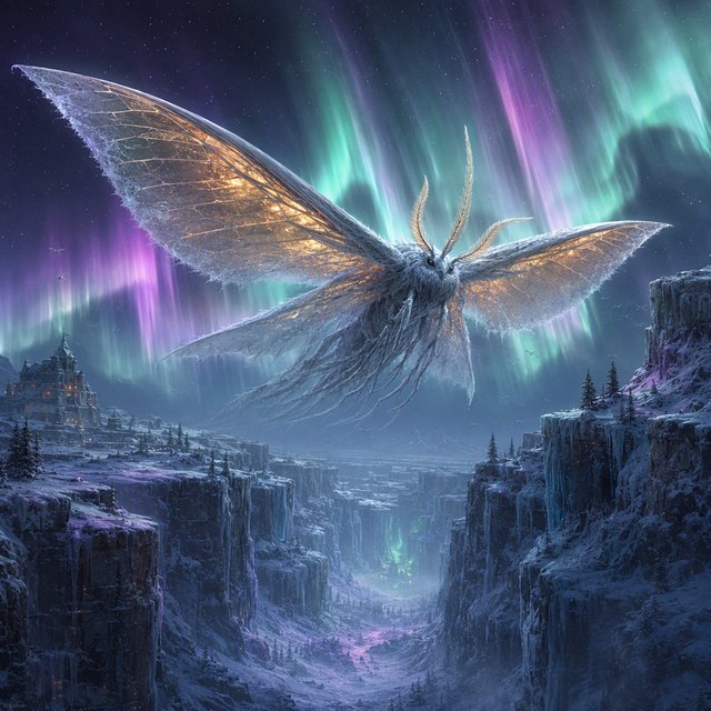 A cathedral-sized mothlike creature glides above a frozen ravine, its translucent wings veined with amber light and fringed with frost. Tiny mountain pines cling to the cliffs as aurora colors ripple across the snow. — GPT Image 2
