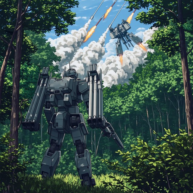 A dramatic cinematic scene of a towering 20-meter futuristic mecha standing in a dense forest, viewed from behind as the main focus. Its design is sleek, angular, and elegant, with a classic retro-futurist Japanese mecha aesthetic. Shoulder missile pods fire a volley of missiles toward an enemy mecha of a different but similarly styled design. The enemy mecha hovers in the air ahead, blocking the incoming missiles with a large arm-mounted energy shield. Dynamic action, smoke trails, forest scale, and intense battle atmosphere. — Midjourney Niji 7