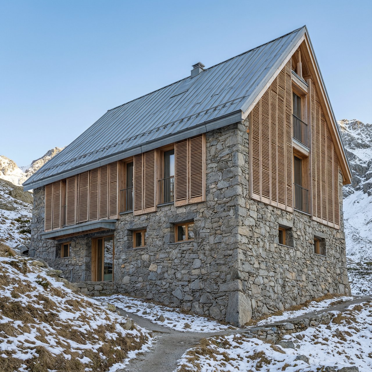 Exterior of a contemporary alpine research lodge in restrained regional modernism, rough granite walls, larch screens, steep standing-seam roof, crisp snow-bright morning light, viewed from below across a mountain footpath, sound structural geometry. — Qwen Image 3.0 Pro