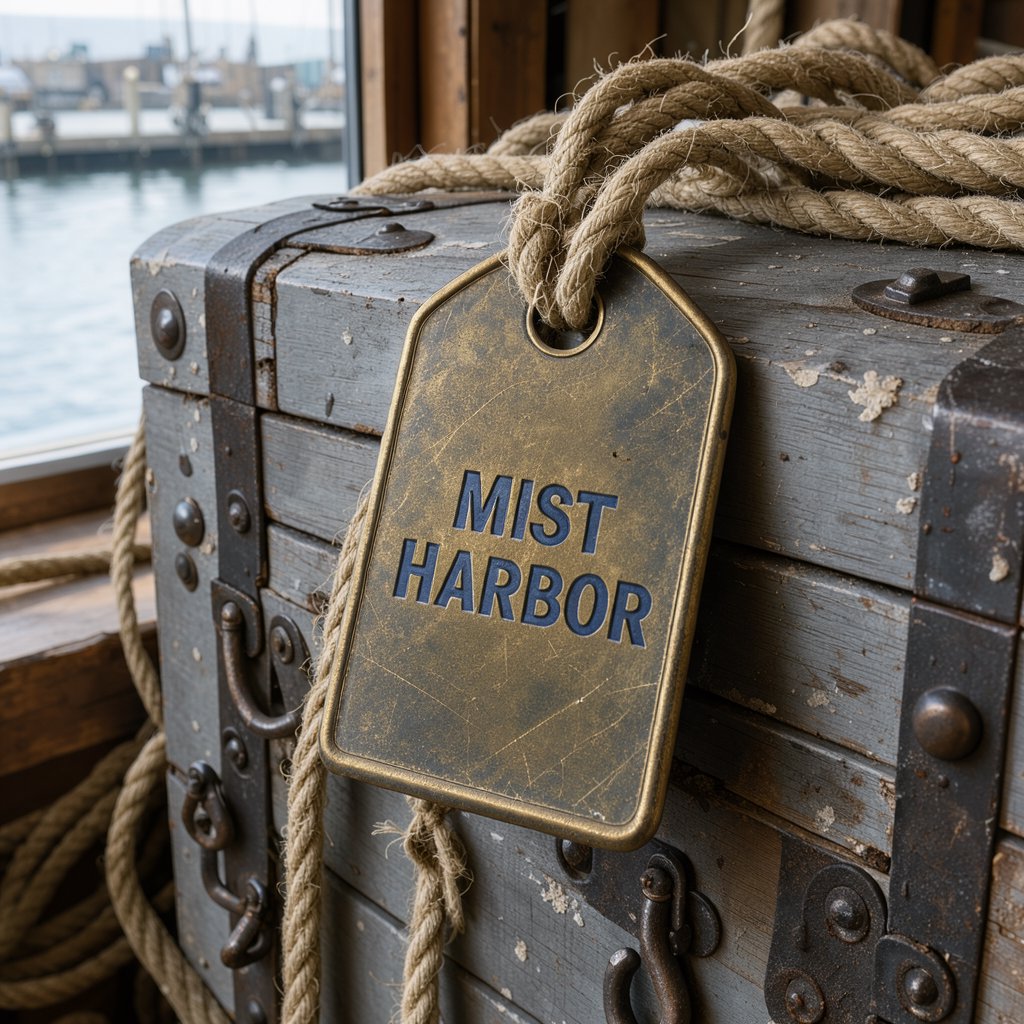 A brass luggage tag hangs from a weathered sea chest in a harbor loft, its face bearing “MIST HARBOR” in deeply stamped blue capitals; ropes and salt-crusted fittings surround it, with no other writing visible. — FLUX 3 Image Klein