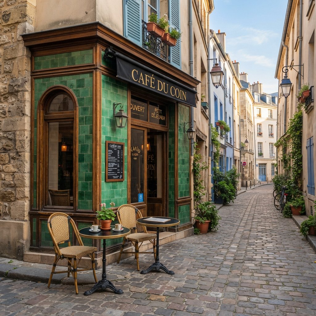 A tiny corner café in a narrow European street, green tiled facade, two bistro tables, morning light, no people. — Nano Banana 2 Lite